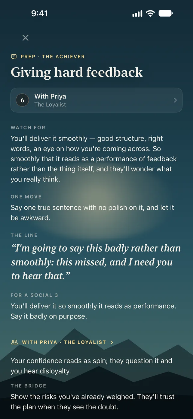 Prep me in LeadFlip for giving hard feedback: what to watch for, one move, the line to say, and how the other person's number tends to hear it